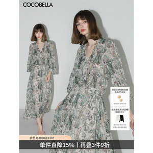 COCOBELLA重工对丝提花长袖雪纺连衣裙女度假风束腰茶歇裙FR157