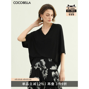 COCOBELLA慵懒风微透视V领黑色短袖 针织衫 TS7081 T恤女蝙蝠袖