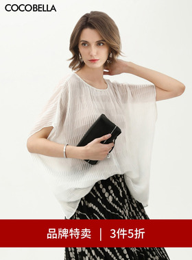 【3件5折】COCOBELLA重工压褶蝙蝠袖雪纺衫女微透视罩衫T恤TS7012