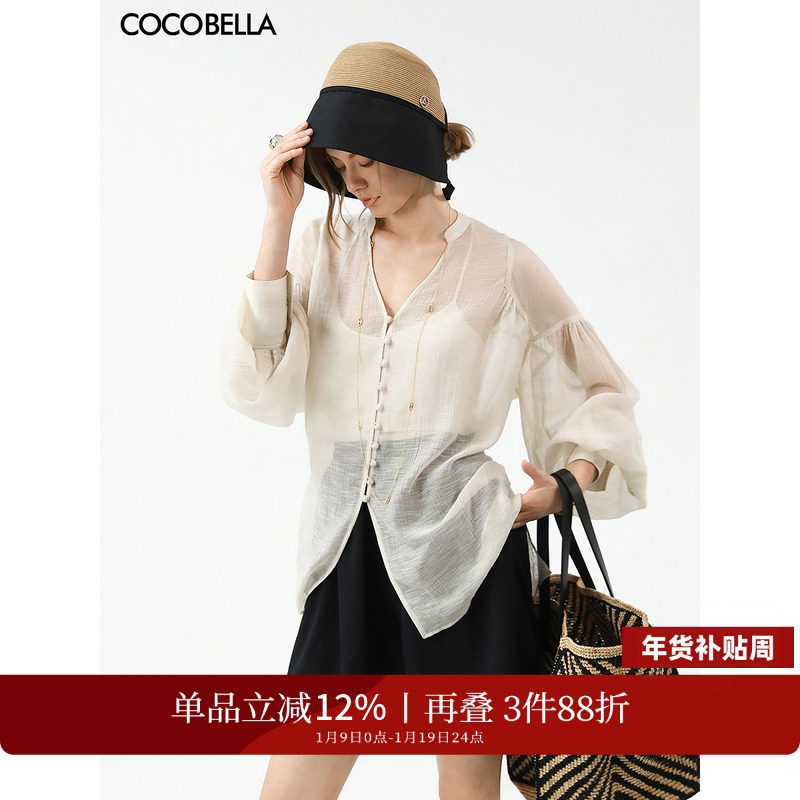 COCOBELLA新中式手工盘扣肌理感V领衬衫女立领微透视开衫SR3081