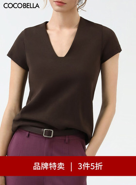 【3件5折】COCOBELLA静奢风简约V领短袖T恤纯色气质上衣TS7010-5