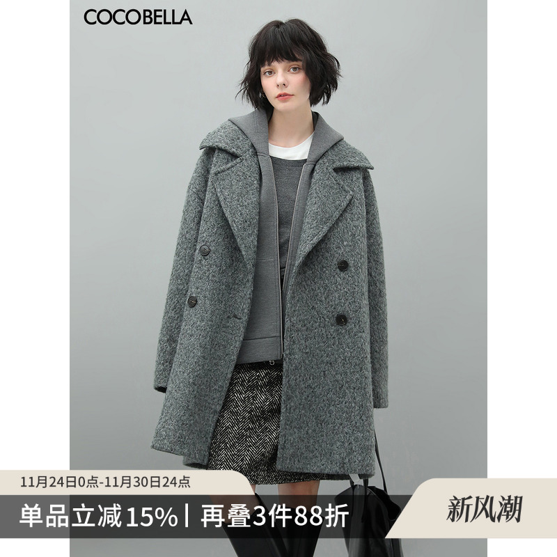 仿水波纹灰色大翻领毛呢大衣