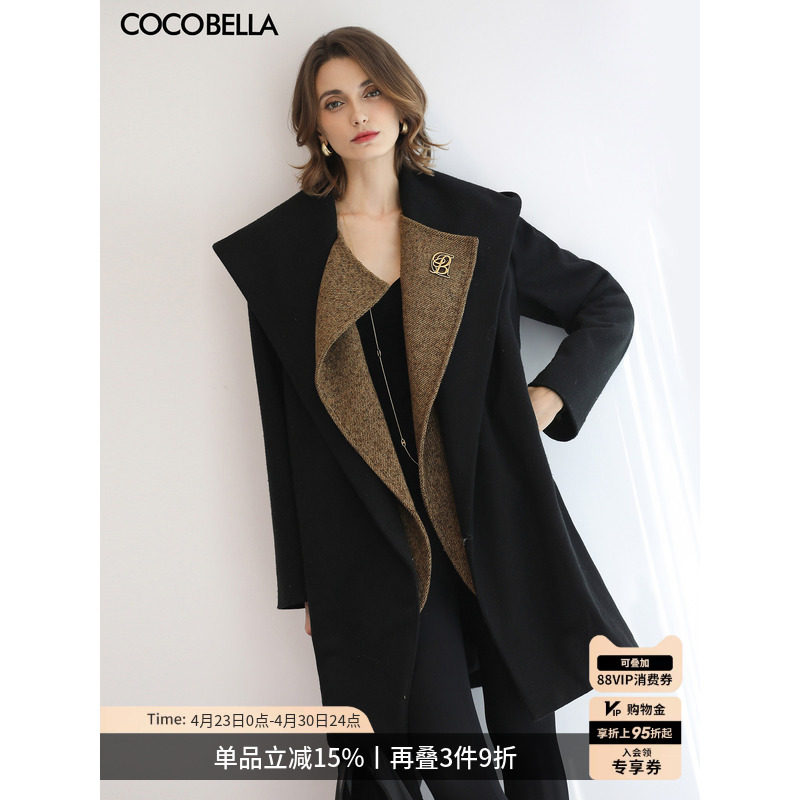 COCOBELLA设计感假两件大翻领毛呢外套女秋冬新款黑色大衣WL0002