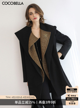COCOBELLA设计感假两件大翻领毛呢外套女秋冬新款黑色大衣WL0002