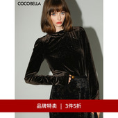 TS7066 衬衫 3件5折 COCOBELLA优雅木耳边半高领亮片丝绒长袖