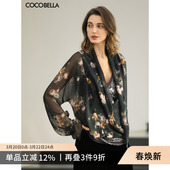 COCOBELLA设计感不对称雪纺衫 印花上衣LC0062 女优雅荡领微透衬衫