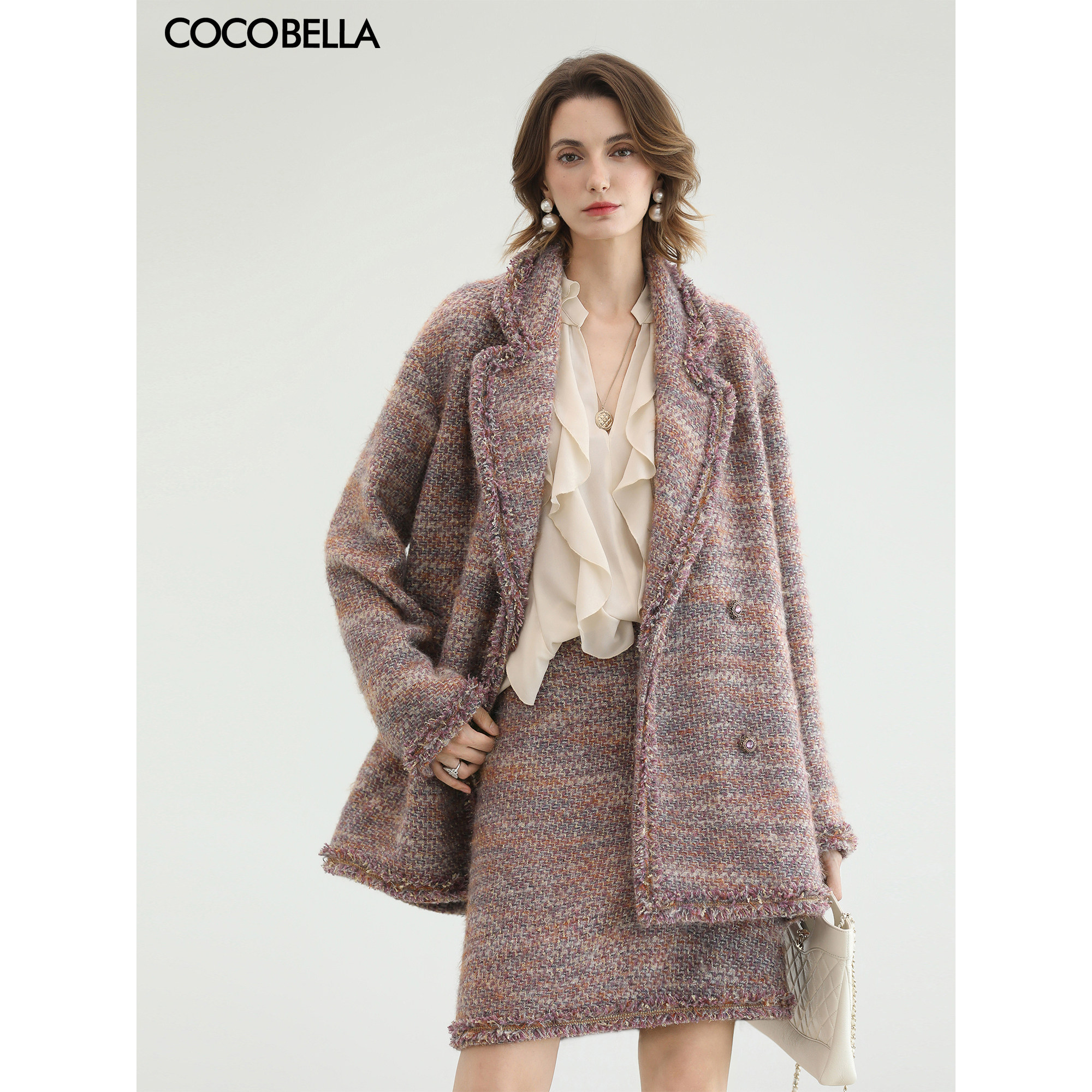 COCOBELLA小香风毛呢外套女新款粗花呢中长款醋酸大衣WL3226