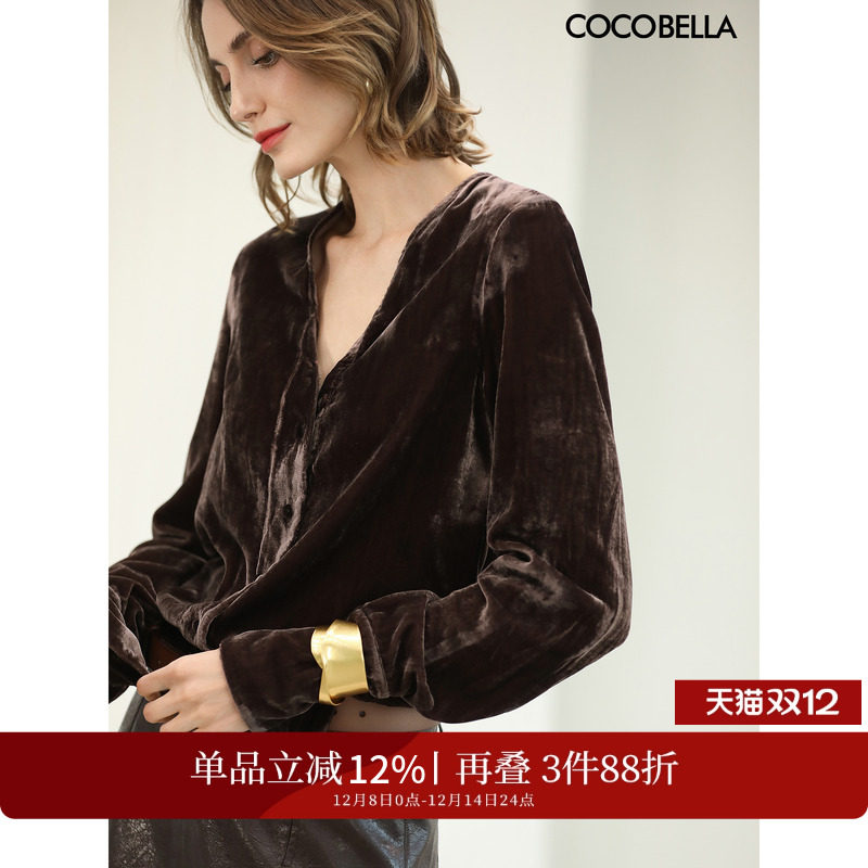 COCOBELLA2025新款V领女人味丝绒衬衫女25秋冬通勤衬