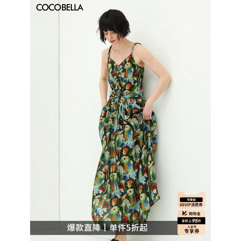 COCOBELLA油画风印花抽褶吊带裙女飘逸气质连衣裙沙滩长裙FR565