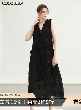 COCOBELLA重工司马克15米对丝无袖连衣裙气质黑色背心裙FR3043-2