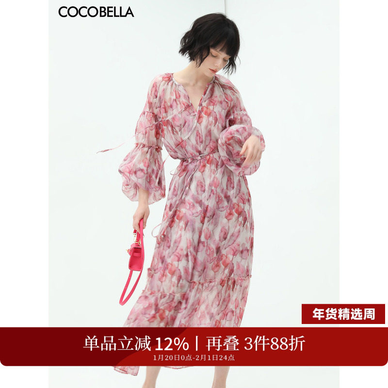 COCOBELLA时尚玫瑰花苞腰绳印花连衣裙吊带裙两件套长裙FR176-2,女装/女士精品,连衣裙,淘宝优惠券,粉丝福利购,淘宝优惠卷