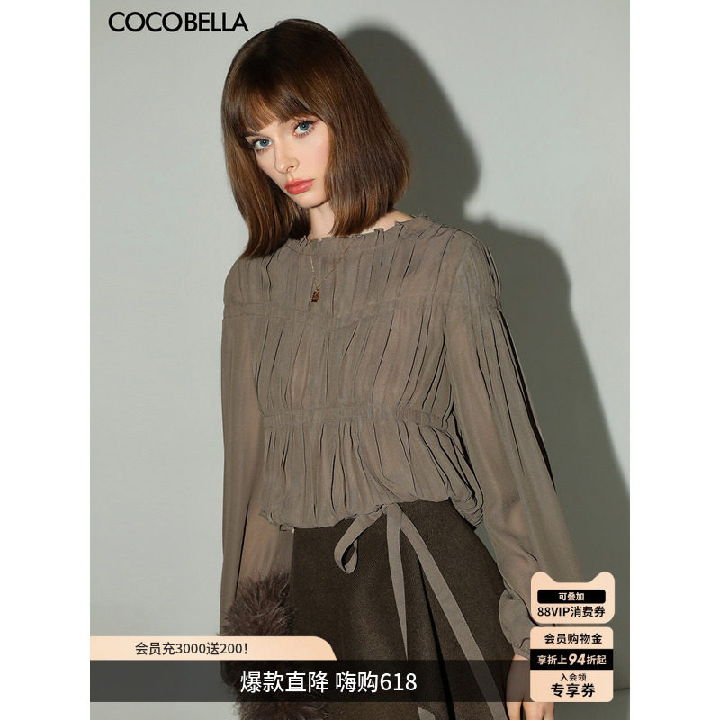 COCOBELLA名媛风手工压褶木耳边雪纺衬衫气质通勤飘带衬衣SR7062