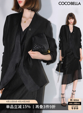COCOBELLA轻奢人丝无领假两件西装女春黑色气质通勤外套SI533B-3