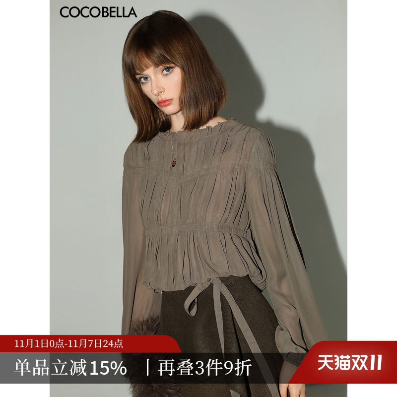 COCOBELLA名媛风手工压褶木耳边雪纺衬衫气质通勤飘带衬衣SR7062