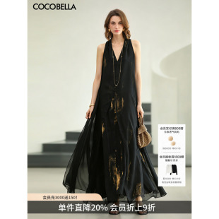 COCOBELLA新中式黑金雪纺连衣裙女夏国风无袖挂脖长裙FR0099