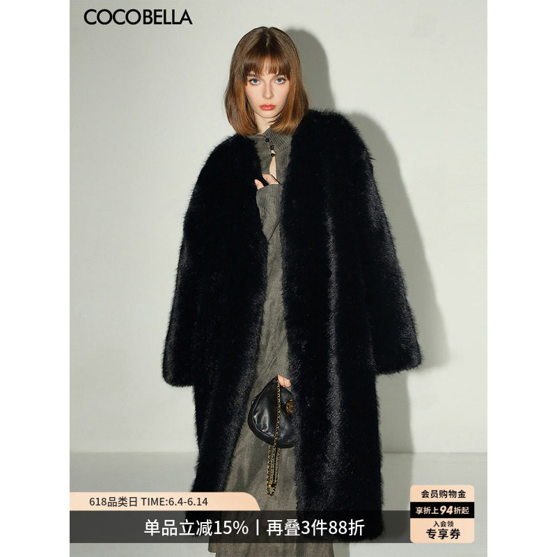 COCOBELLA仿貂绒横排工艺环保皮草外套女冬长款毛绒大衣FU3006-3