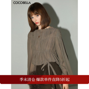 COCOBELLA名媛风手工压褶木耳边雪纺衬衫 气质通勤飘带衬衣SR7062