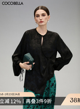 COCOBELLA新中式暗纹提花缎面黑色衬衫女偏门襟盘扣上衣SR3061B-3