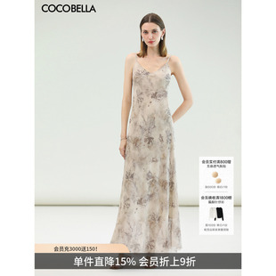 COCOBELLA国风晕染V领斜裁显瘦雪纺连衣裙女飘逸大摆吊带长裙