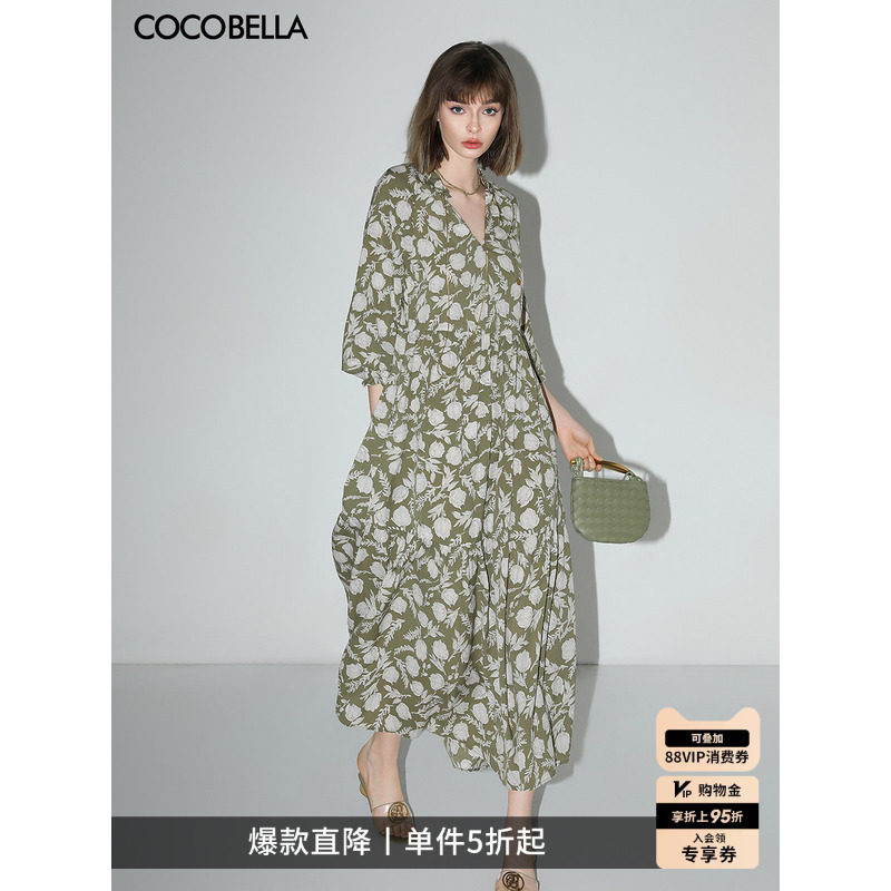 COCOBELLA田园度假风长袖雪纺连衣裙女高腰遮肉印花茶歇裙F