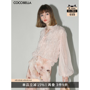 SR3006 立领雪纺衫 COCOBELLA名媛风木耳边绗缝压褶飘带衬衫