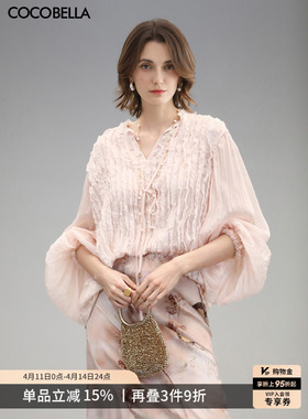 COCOBELLA名媛风木耳边压褶飘带衬衫女优雅立领雪纺衫SR3006