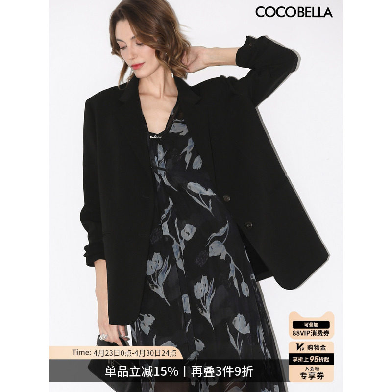 COCOBELLA高智感休闲廓形西装外套女宽松通勤黑色正装西服SI57B-2