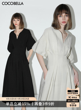 COCOBELLA静奢风肌理感捏褶收腰连衣裙女赫本风气质长裙FR3033-3