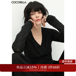 女上衣T恤TS642 V领打底衫 COCOBELLA两穿领型满天星亮片针织衫 时尚