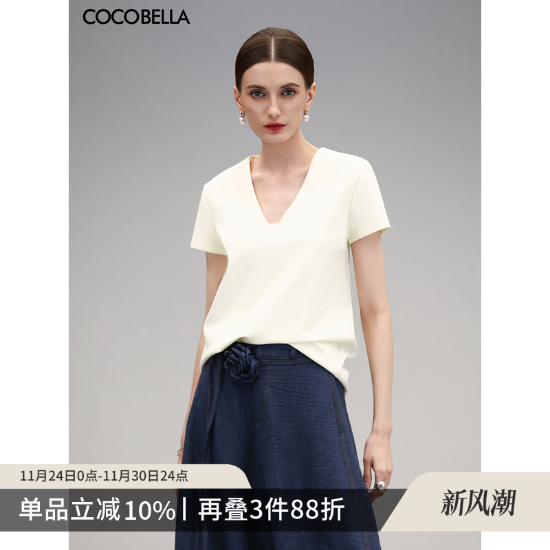 COCOBELLA精致V领白色短袖T恤