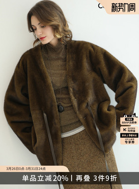 COCOBELLA轻奢仿貂绒环保皮草外套女PU腰带秋冬短款大衣FU3003-5