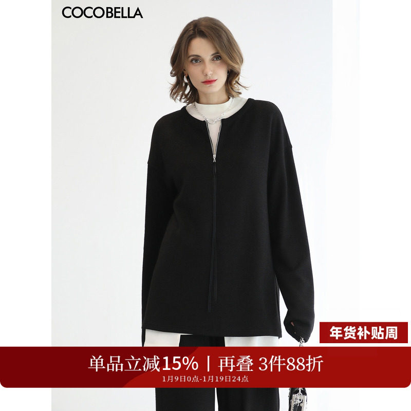 COCOBELLA时尚圆领黑色拉链毛衣秋冬通勤套头针织衫MZ3301-2