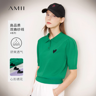 Amii旗舰店法式刺绣针织衫女2025夏POLO领公主袖桃心绣花短袖上衣