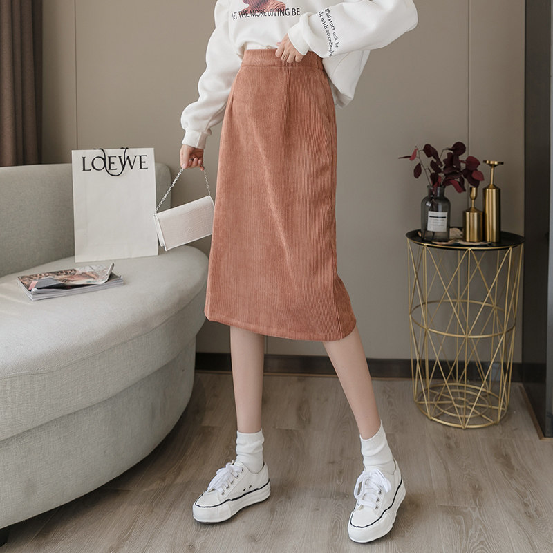 半身裙女秋冬灯芯绒中长款厚裙子2020新款韩版小个子高腰开叉冬裙