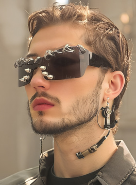 新款跨境欧美赛博铆钉朋克风太阳眼镜曲面屏秀场派对创意舞台宝藏