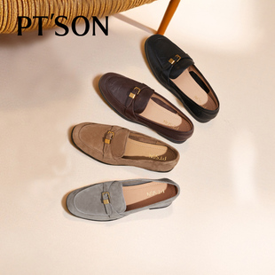 博主推荐百田森皮带扣乐福鞋女2025新款秋冬真皮法式英伦风小皮鞋