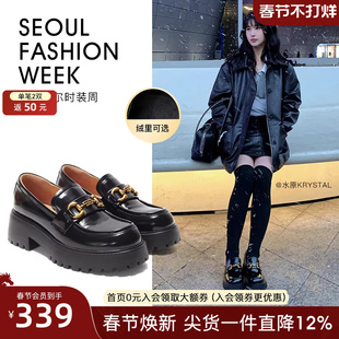 博主推荐百田森增高厚底乐福鞋女秋冬季一脚蹬加绒小皮鞋真皮单鞋