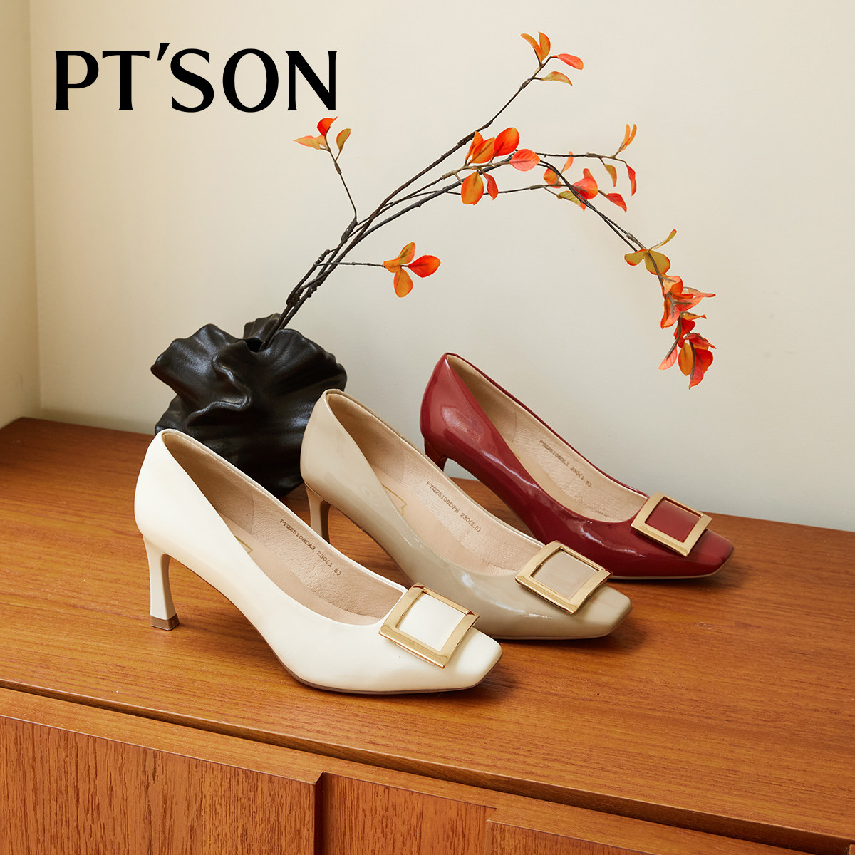 百田森红色单鞋女款结婚鞋新娘高跟鞋女细跟方扣法式高级感小单鞋