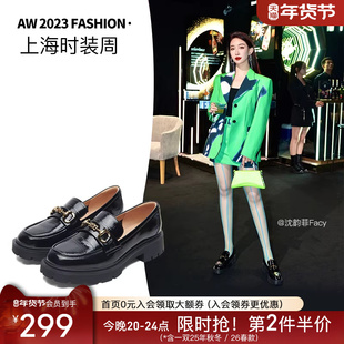上海时装周百田森黑色厚底小皮鞋女英伦风乐福鞋增高真皮深口单鞋