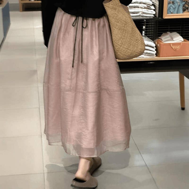 高腰显瘦粉色纱裙半身裙女夏季新款小个子中长款宽松蓬蓬蛋糕裙子