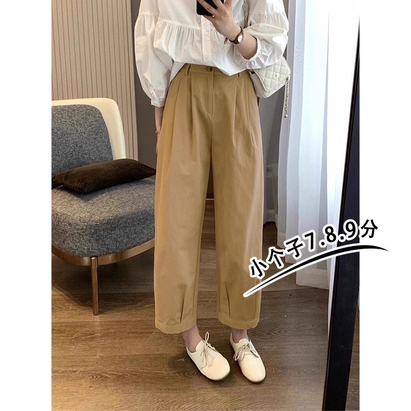 卡其色工装裤七分裤子女夏季150xxs日系休闲宽松直筒小个子奶奶裤