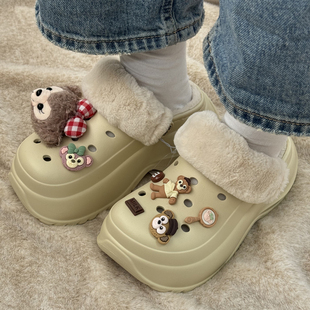 朴西加绒洞洞鞋女2026秋冬季新款外穿增高棉拖鞋毛绒厚底室内防滑
