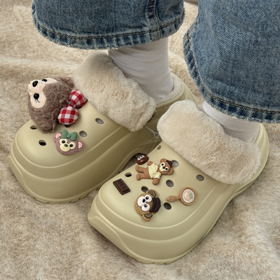 朴西加绒洞洞鞋女2025秋冬季新款外穿增高棉拖鞋毛绒厚底室内防滑