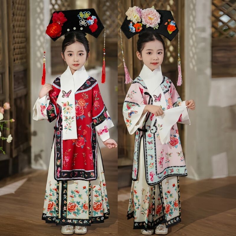 女童格格印花清朝宫廷汉服古装新款旗袍满族清代还珠格格写真服饰