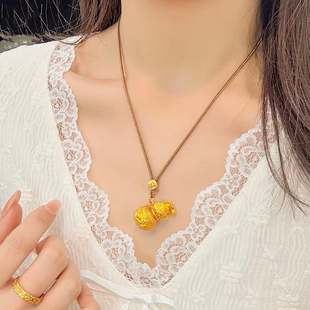 鏨刻莲花纹理小众设计套链 古法金色福禄葫芦编绳项链女轻奢风时尚