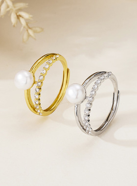 淡水珍珠单排锆石活口戒指女