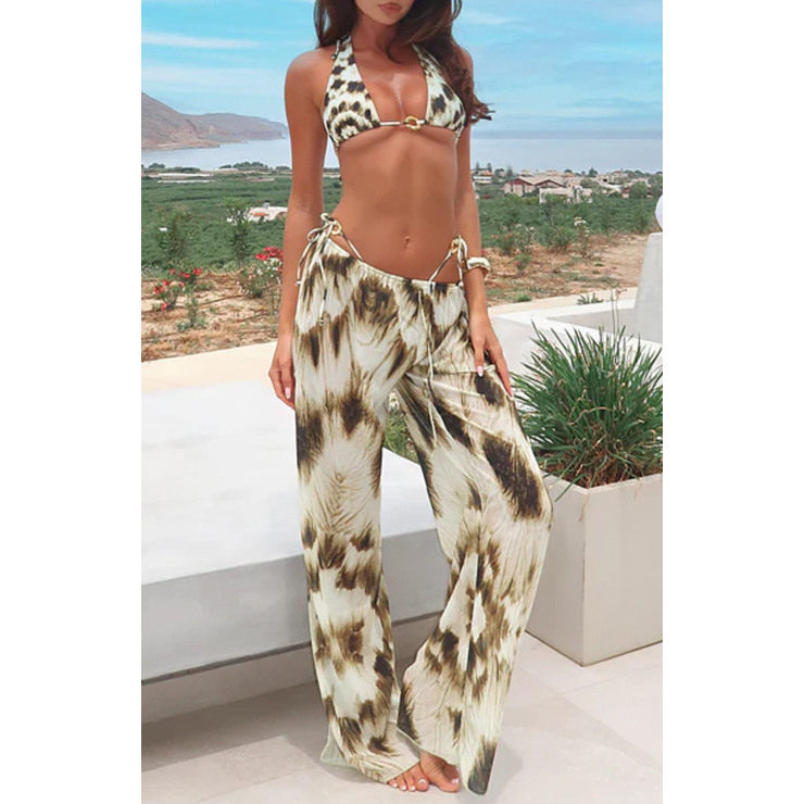 ins高级分体泳衣沙滩长裤三件套bikini印花小清新泳装性感比基尼