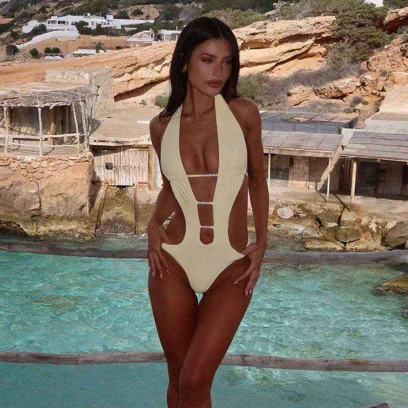 深V显瘦纯色露背连体泳衣沙滩泳池海边度假糖果色纯欲风性感泳装