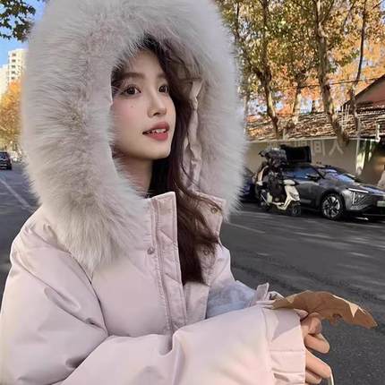 Theory wella加厚连帽粉羽绒服女2024早春新款极寒中长款过膝外套