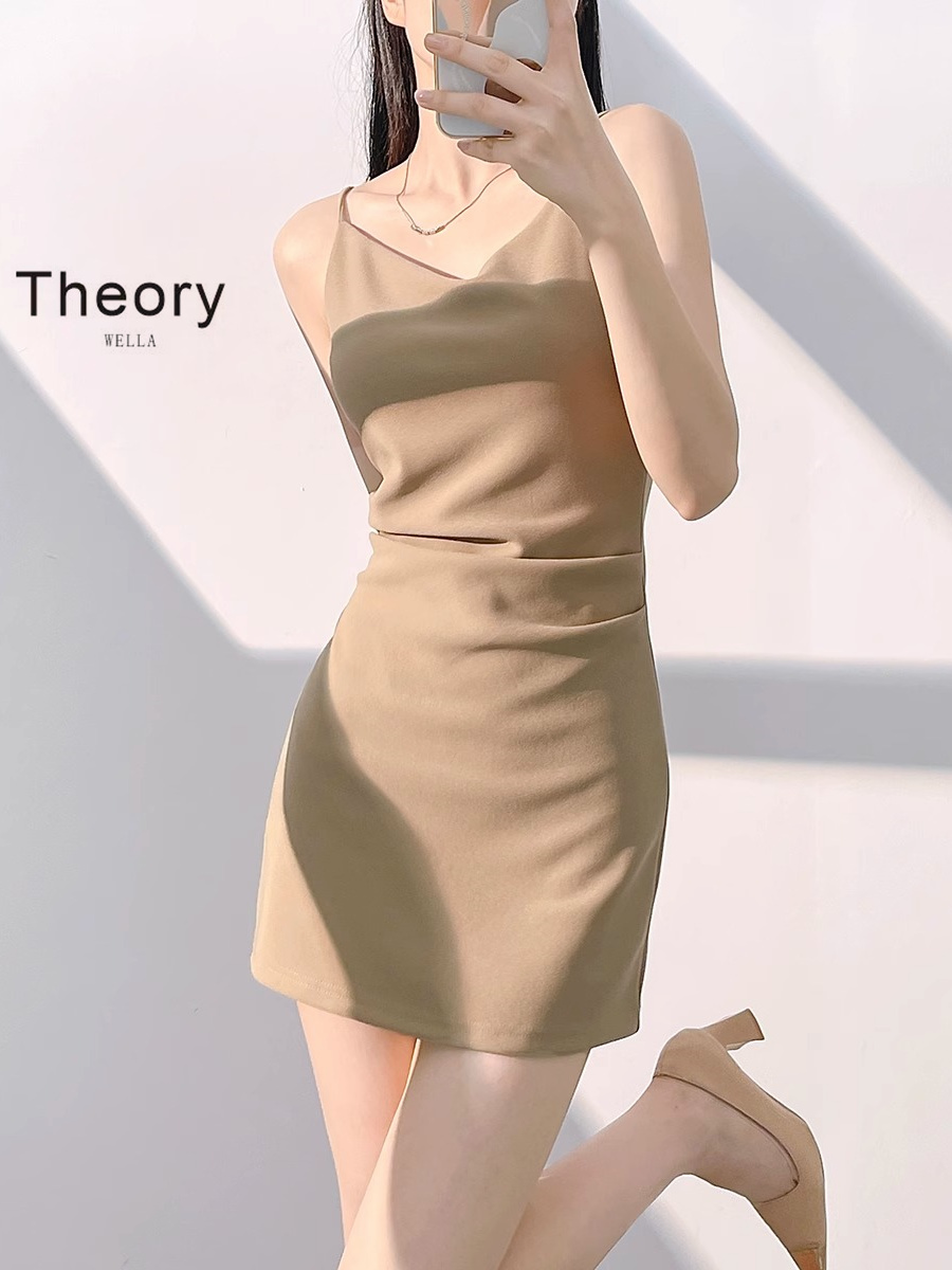 T.heory wella 褶皱收腰吊带连衣裙女小个子修身短裙细肩带包臀裙